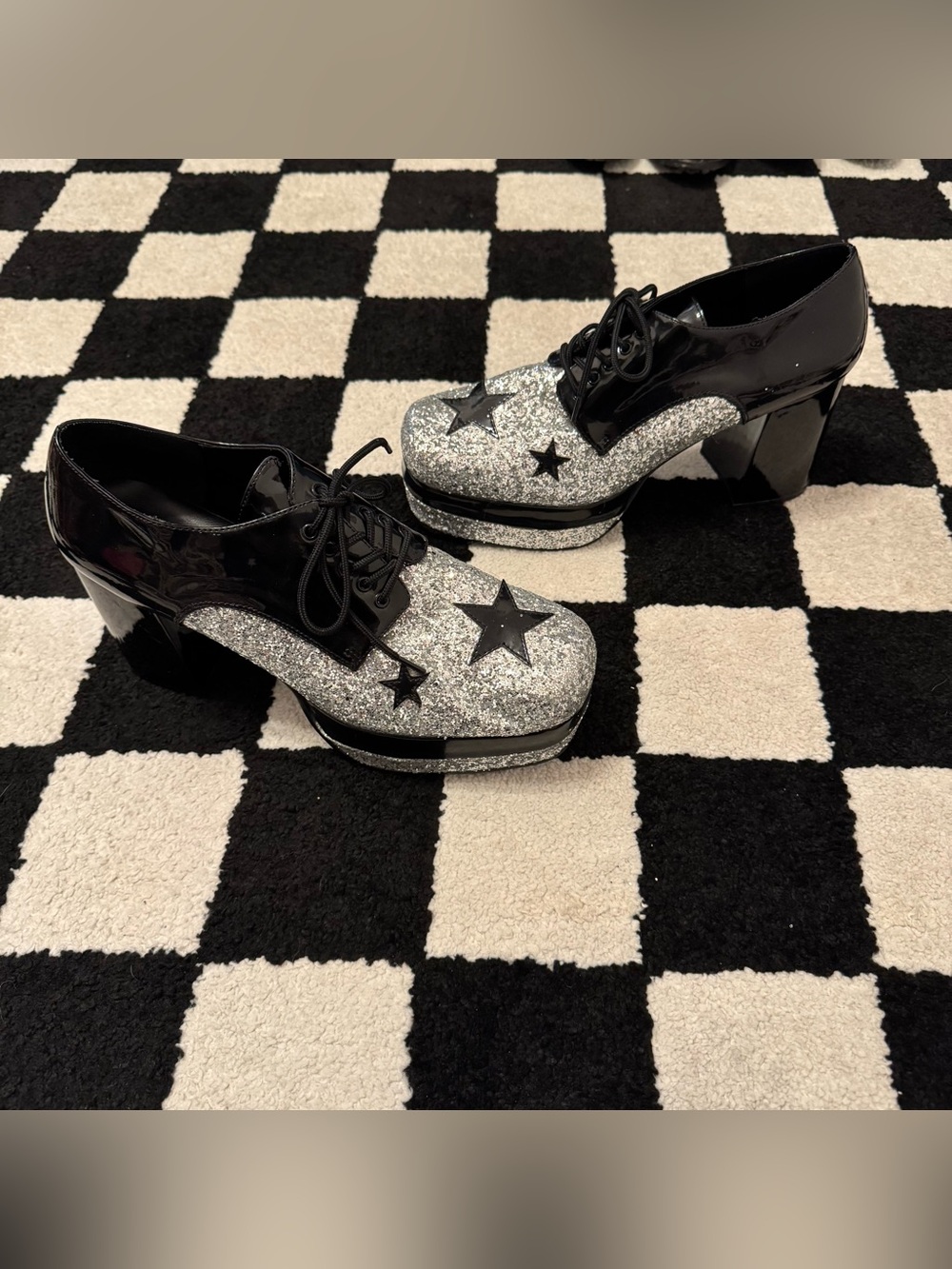 Funtasma Glam Rock Men's Glitter Platform Shoes Black Silver Stars Glitter